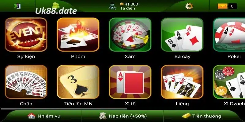 Kho game bài trực tuyến đa dạng tại nhà cái UK88